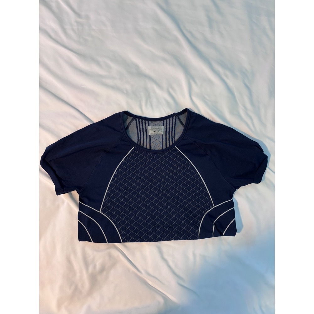 Athleta Navy Blue Short Sleeve Ruched Performance Workout Top 591287-00-2 Size L